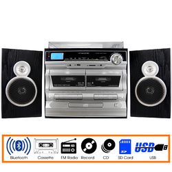 Trexonic 3-Speed Vinyl Turntable Home Stereo System with CD Player, Double Cassette Player, Bluetooth, FM Radio & USB/SD Recording