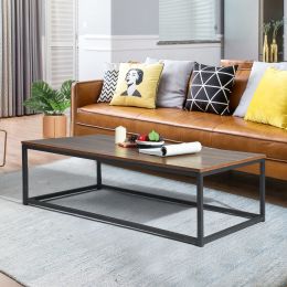 43.3in Modern Industrial Style Rectangular Wood Grain Top Coffee Table w/ Metal Frame