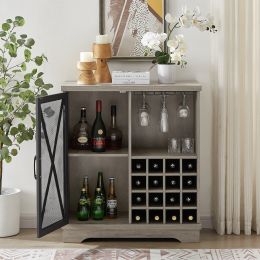 Single door wine cabinet with 16 wine storage compartments (Gray;  31.50" W*13.78" D*35.43" H)