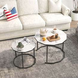 Marble Coffee Table End table 12-gon Shape;  25.6 " White Artificial Marble Top and Black Metal Legs can be used in living room;  outdoor;  anti-tip (Color: Black White)