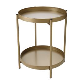 2-Tier Tray End Table, Metal Side Table Nightstand, Folding Round Accent Coffee Table for Living Room, Black XH (Color: golden)