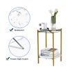 2-layer End Table with Tempered Glass and Marble Tabletop;  Round Coffee Table with  Metal Frame for Bedroom Living Room Office